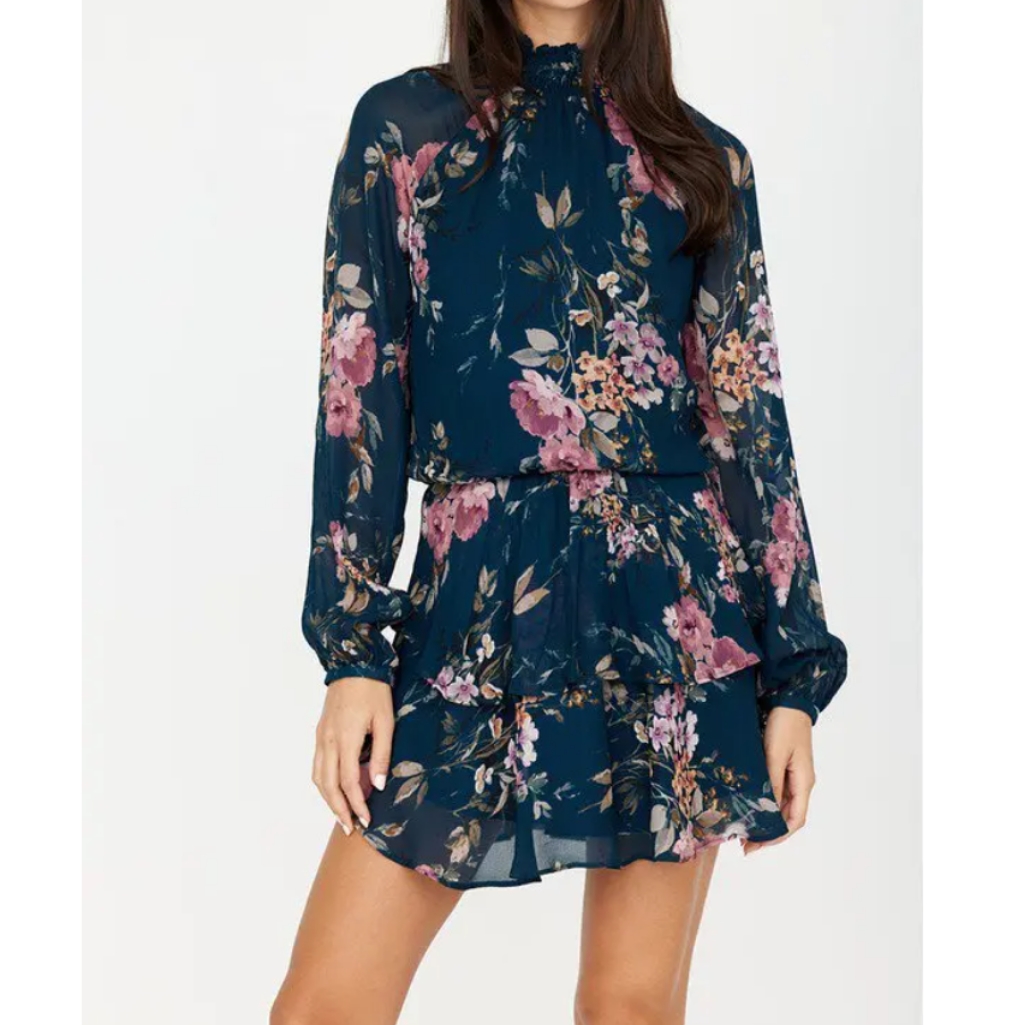 Yumi Kim Class Act Dress Teal Floral Print Smocked Dress Size Xl